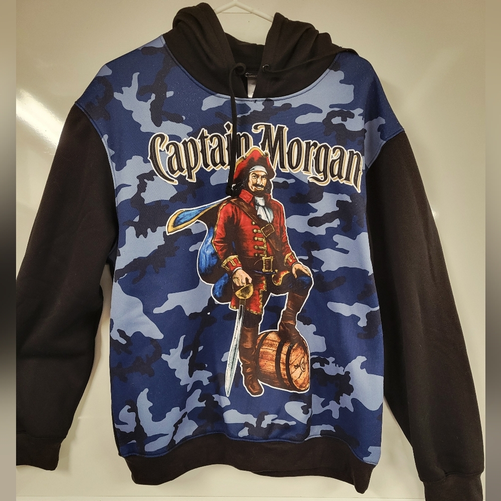 Captain Morgan Men's LARGE Hoodie Black with Blue Camo Print Long Sleeve